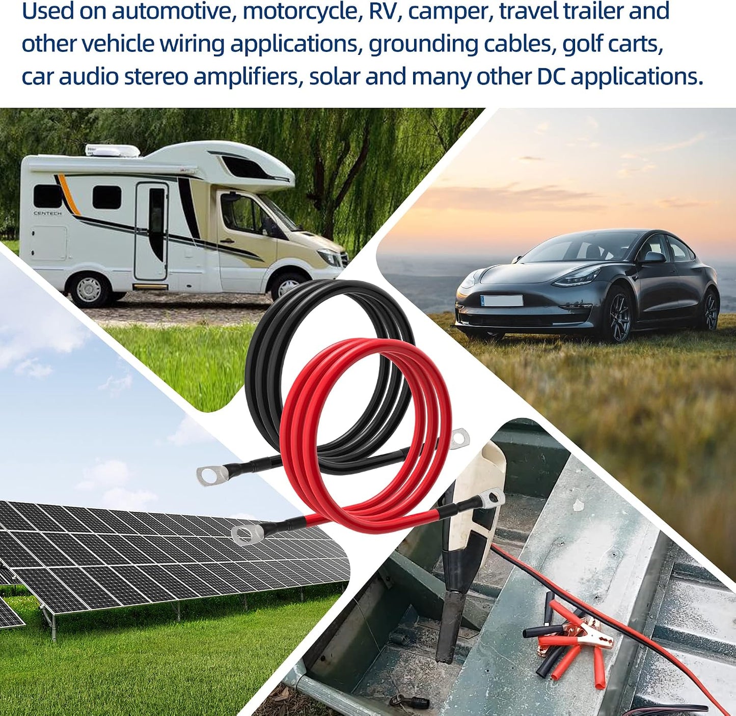 6 AWG Battery Cables 6 Gauge Power Inverter Cables with 3/8 Inch and 5/16 Inch Lugs Each End for Solar Marine RV Car SUV Truck Tractor Motorcycle 2pcs (2FT, 6 AWG)