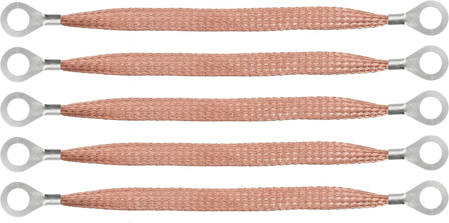 11.8-inches Braided Ground Strap Automotive Heavy Duty Copper Ground Strap with 1/4-inches Terminal Lugs 10PCS