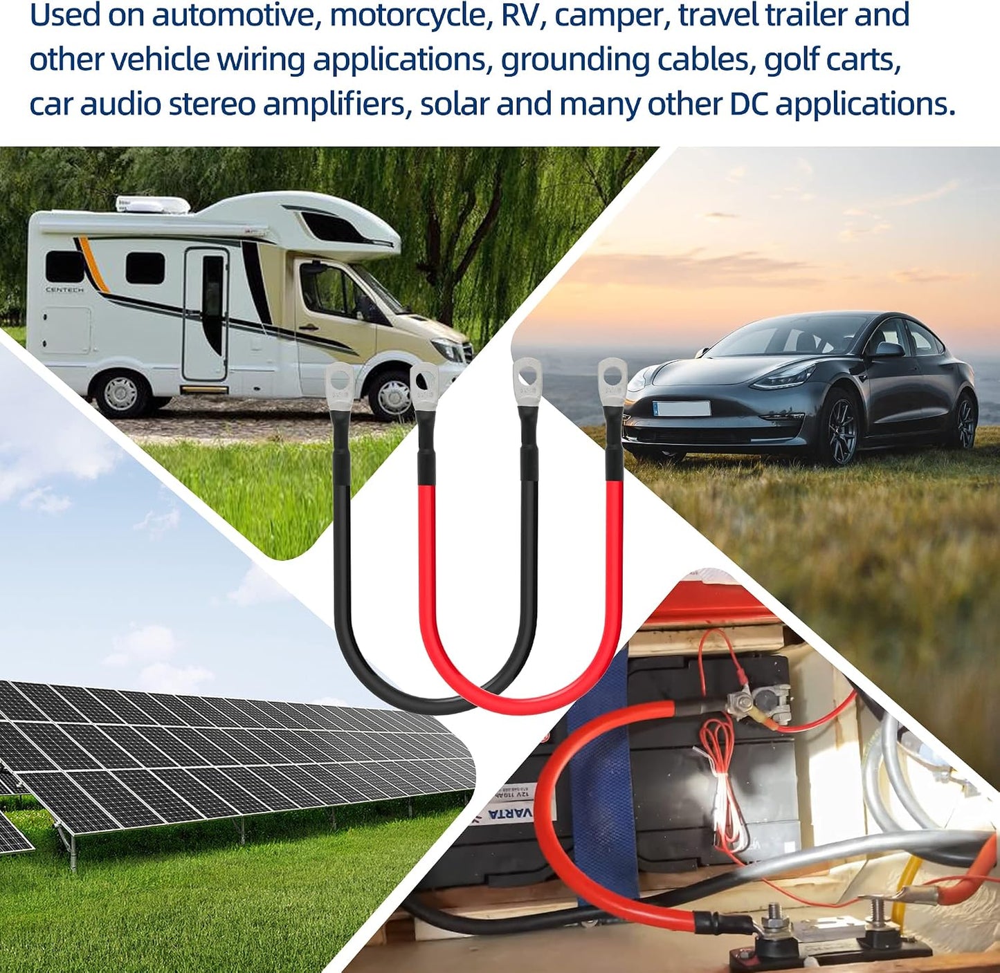 6 AWG Battery Cables 6 Gauge Battery Power Inverter Cable with 5/16 Inch Tinned Copper Lugs Both Ends for Solar Marine Boat RV Car Motorcycle 2 pcs (1FT)