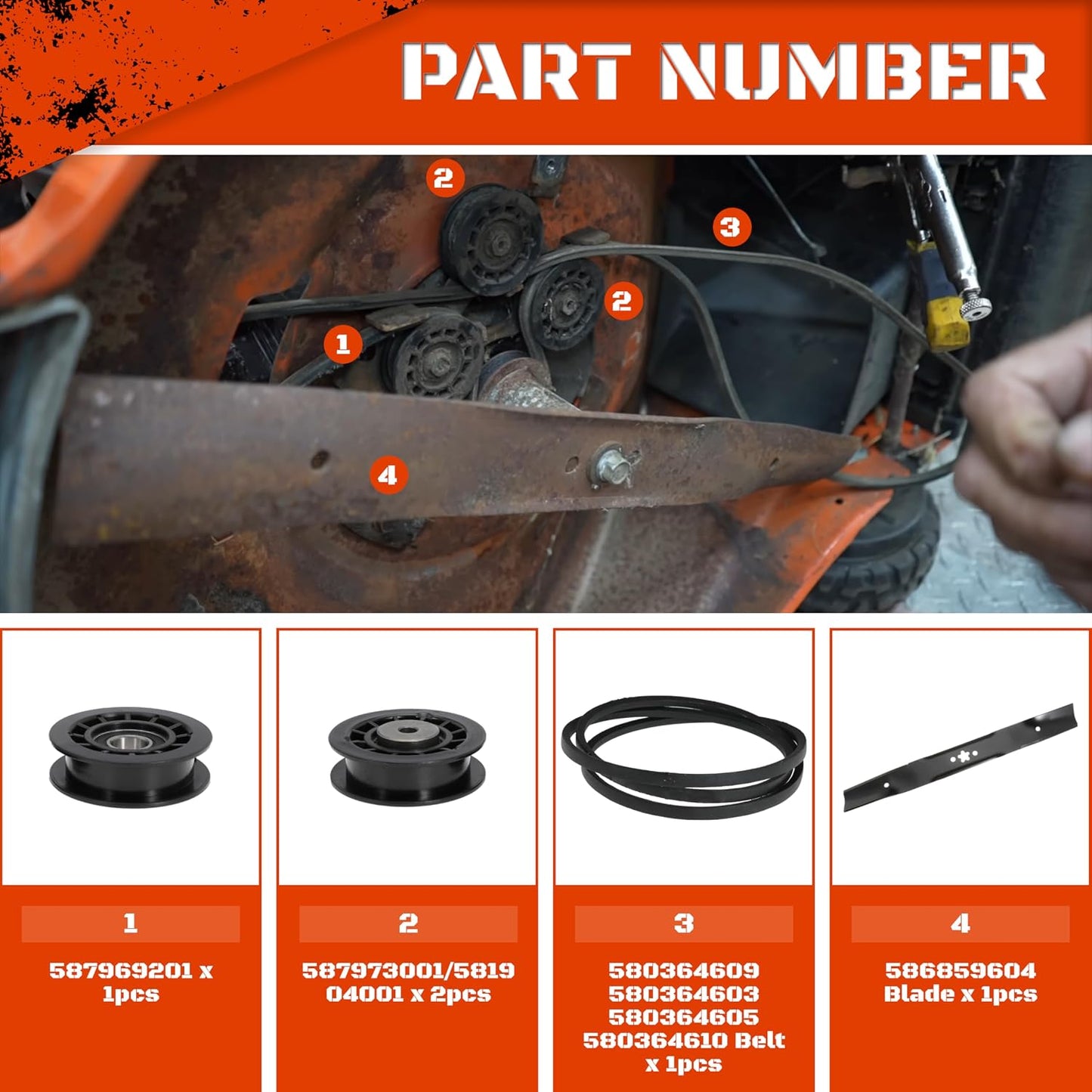 Idler Pulley and Blade Repair Kit for LC221A LC221AH 22" AWD Walk-Behind Mowers, Includes 587969201 587973001 587969201 Pulleys, 580364609 Drive Belt and 586859604 Blade(Black Belt, with Blade)