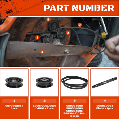Idler Pulley and Blade Repair Kit for LC221A LC221AH 22" AWD Walk-Behind Mowers, Includes 587969201 587973001 587969201 Pulleys, 580364609 Drive Belt and 586859604 Blade(Black Belt, with Blade)