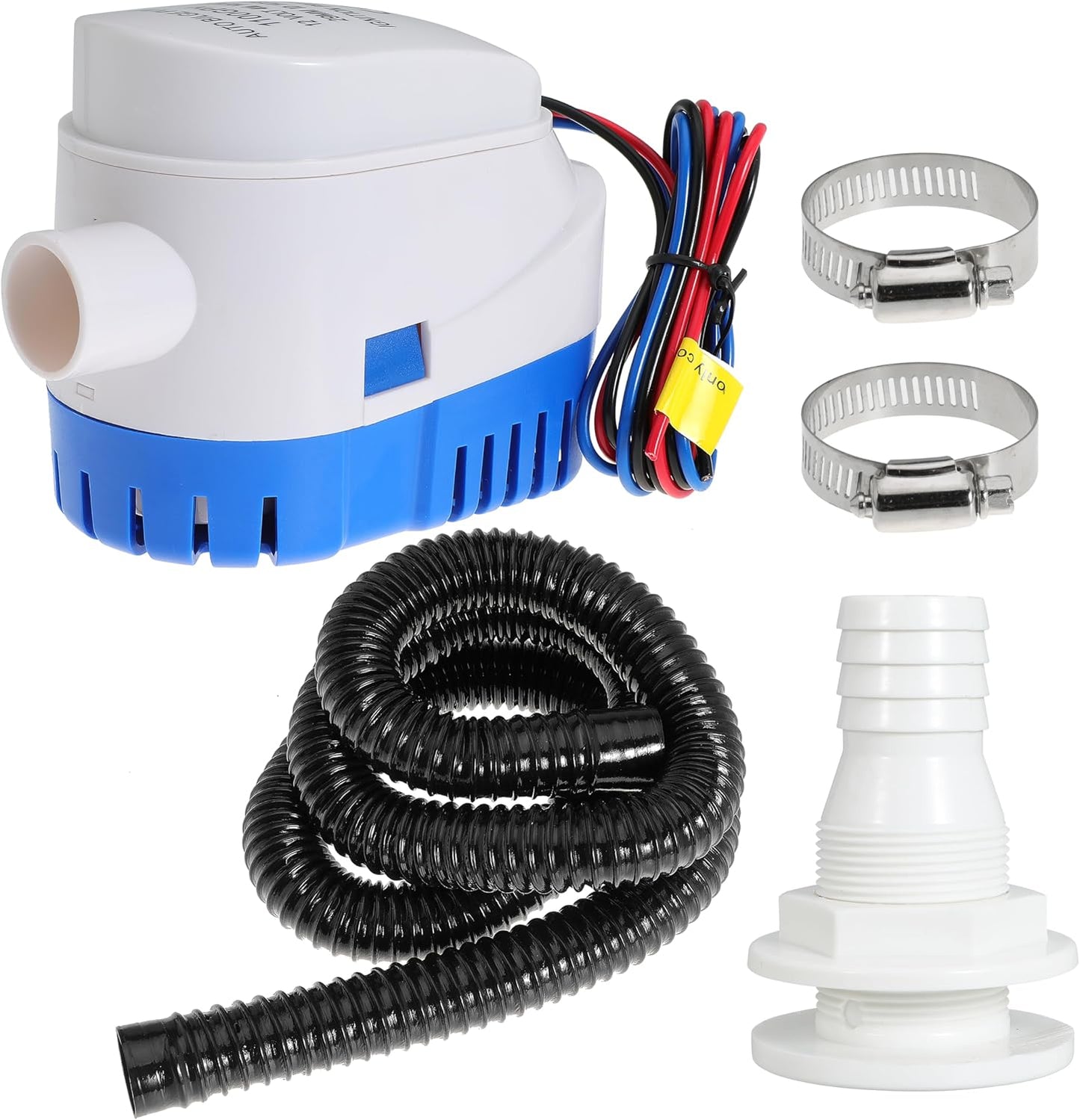Boat Bilge Plumbing Kit 1-1/8 Inch Dia 12V Non-automatic Bilge Pump kit 1100 GPH with 6FT PVC Bilge Pump Hose (Straight Elbow)