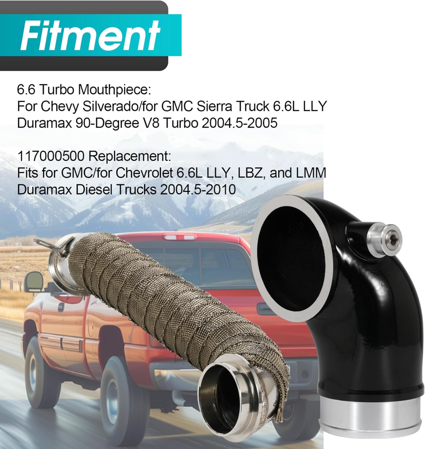 6.6 Turbo Mouthpiece, LLY Engine Turbo Mouthpiece Fits for Duramax 6.6L LLY 2004.5-2010, Inlet Manifold Intake Elbow Compatible with Chevrolet GMC Sierra Trucks with 117000500 Pipe, Siver
