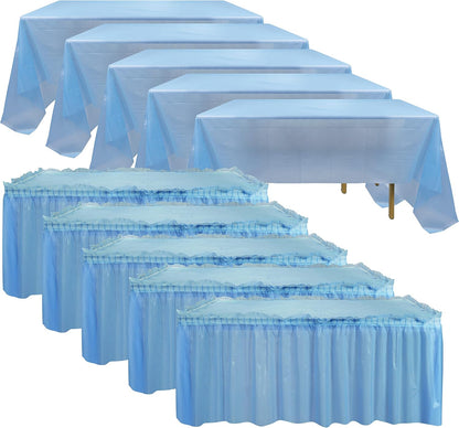 5 Pack Plastic Table Skirts and Cloths for Rectangle Tables, 14 Ft Blue Tableskirts and 54" x 108" Tablecloths, Disposable Tablecloth Skirt Covers for Party (Fruit Green)