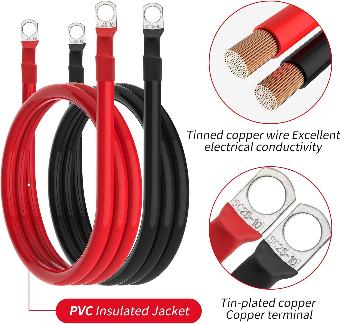 4 AWG Battery Cable 4 Gauge Battery Wires with 3/8 terminals Power Inverter Cables for Solar Boat Marine RV Car (4FT, 1 red+1 black cable)