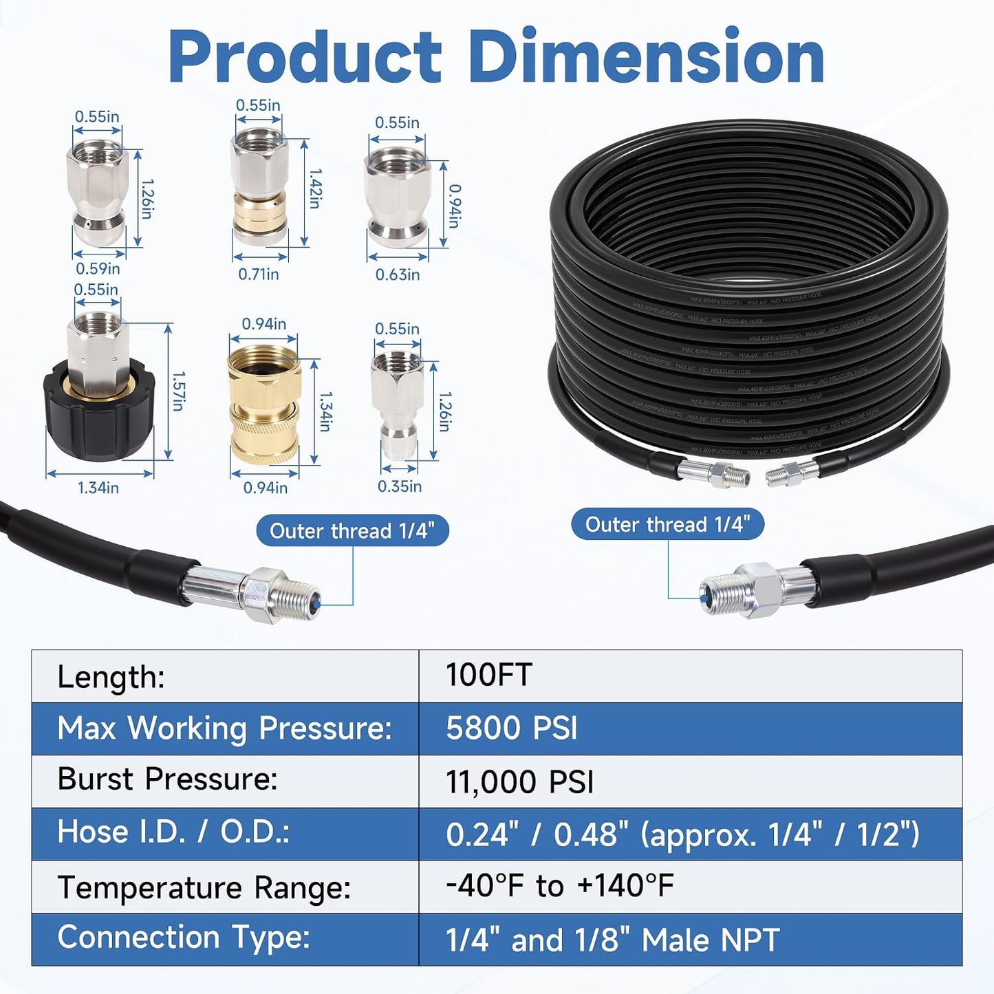 100FT Sewer Jetter Kit for Pressure Washer, 5800PSI, 1/4 Inch NPT Drain Cleaner Hose Sewer Jetting with Rotating Corner Button Nose Nozzle for Pipe Cleaning