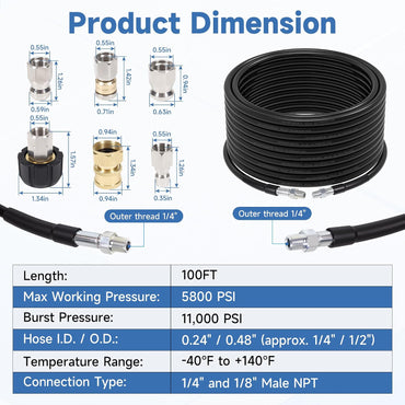 100FT Sewer Jetter Kit for Pressure Washer, 5800PSI, 1/4 Inch NPT Drain Cleaner Hose Sewer Jetting with Rotating Corner Button Nose Nozzle for Pipe Cleaning