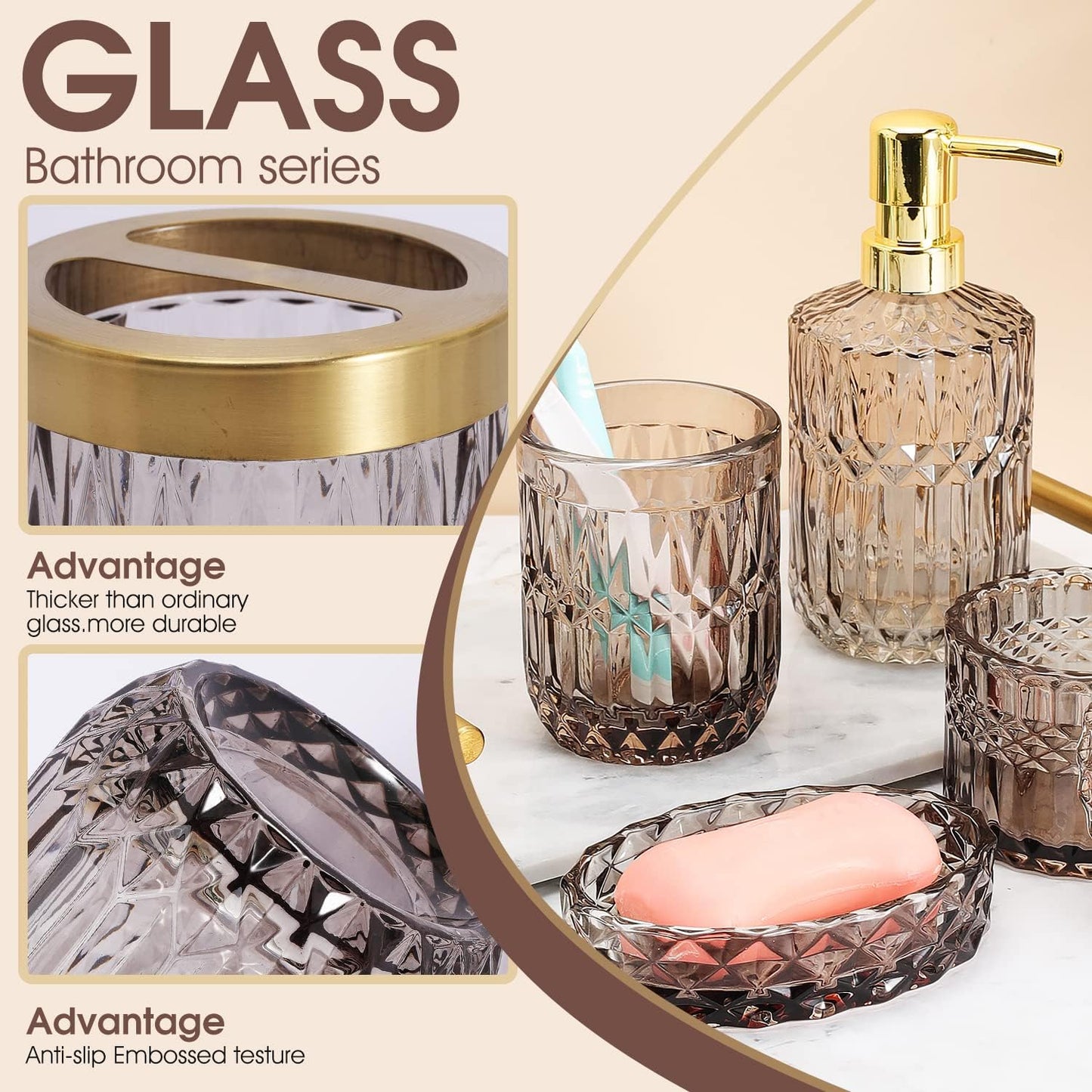 5Pcs Glass Bathroom Accessories,Bathroom Sets Complete, Lotion Dispenser, Soap Dish, Toothbrush Holder, Tumbler, Cotton Swab Jars, Modern Bathroom Decor and Gift Set (Gary)