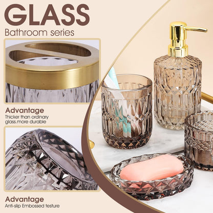 5Pcs Glass Bathroom Accessories,Bathroom Sets Complete, Lotion Dispenser, Soap Dish, Toothbrush Holder, Tumbler, Cotton Swab Jars, Modern Bathroom Decor and Gift Set (Gary)