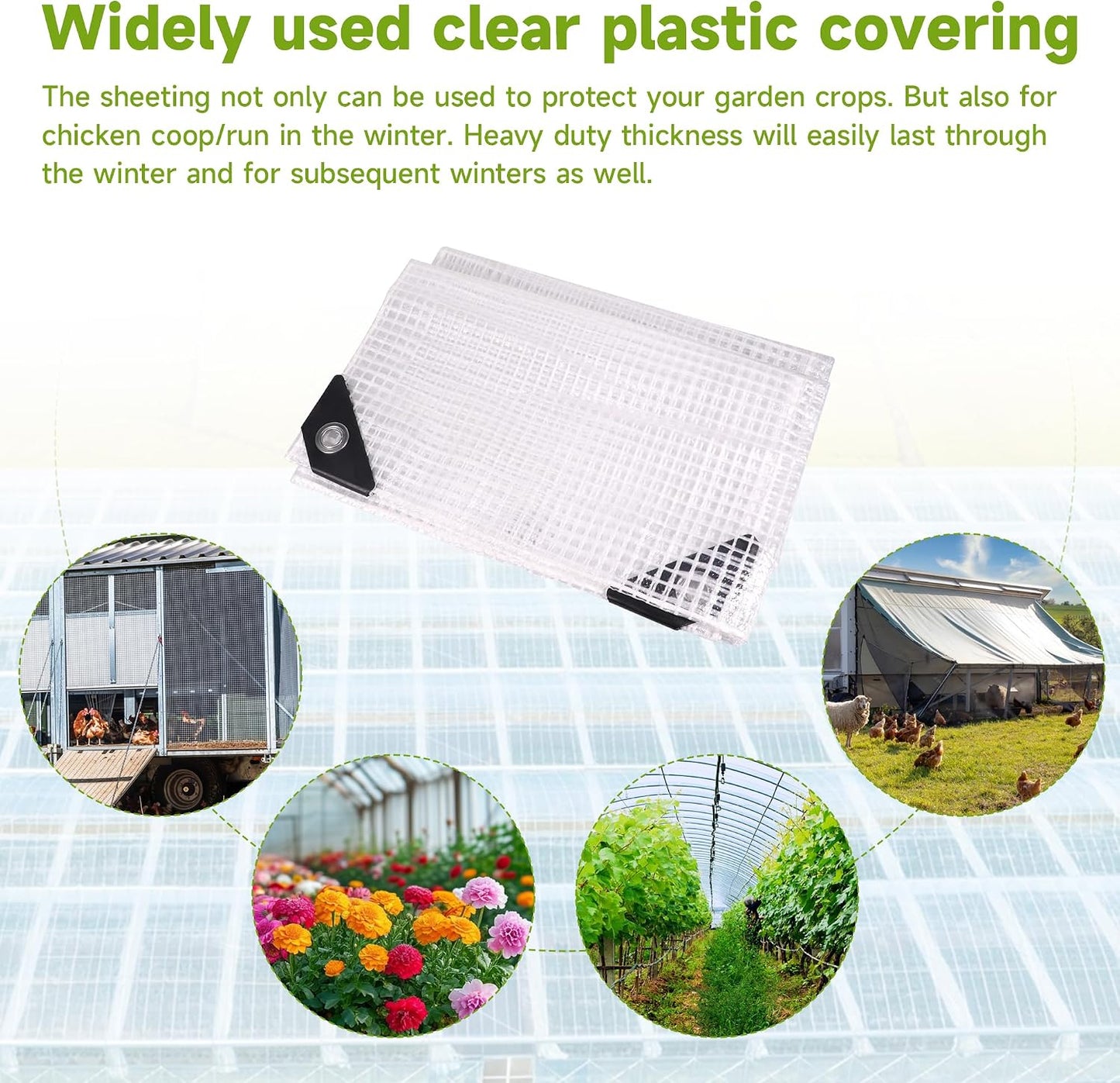 Greenhouse Cover,Clear Greenhouse Plastic Covering, 16Mil Thickness Heavy Duty Clear tarp for Chicken coop,Gardening,Farming, Greenhouse Plastic sheeting with Grommets (White, 10ft*20ft)