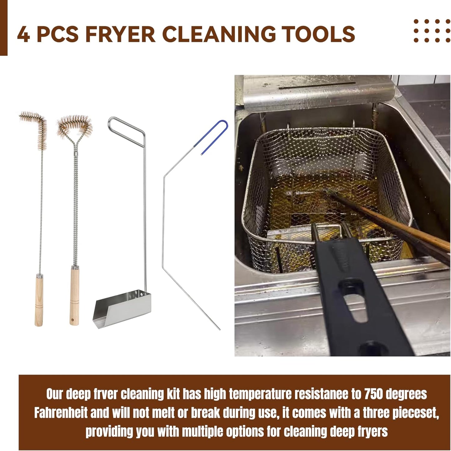 4 Pcs Fryer Cleaning Tools, L Shaped Brass Bristles Fryer Deep Cleaning Brush, Deep Fryer Crumb Scoop, Fryer Deep Cleanout Rod, Long Handle Fryer Basket Brush for Restaurant Air Fryer