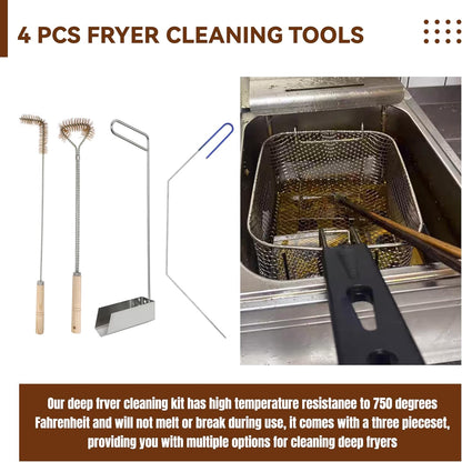 4 Pcs Fryer Cleaning Tools, L Shaped Brass Bristles Fryer Deep Cleaning Brush, Deep Fryer Crumb Scoop, Fryer Deep Cleanout Rod, Long Handle Fryer Basket Brush for Restaurant Air Fryer