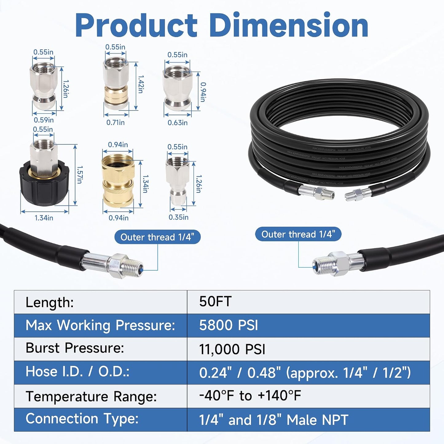 50FT Sewer Jetter Kit for Pressure Washer, 5800PSI, 1/4 Inch NPT Drain Cleaner Hose Sewer Jetting with Rotating Corner Button Nose Nozzle for Pipe Cleaning