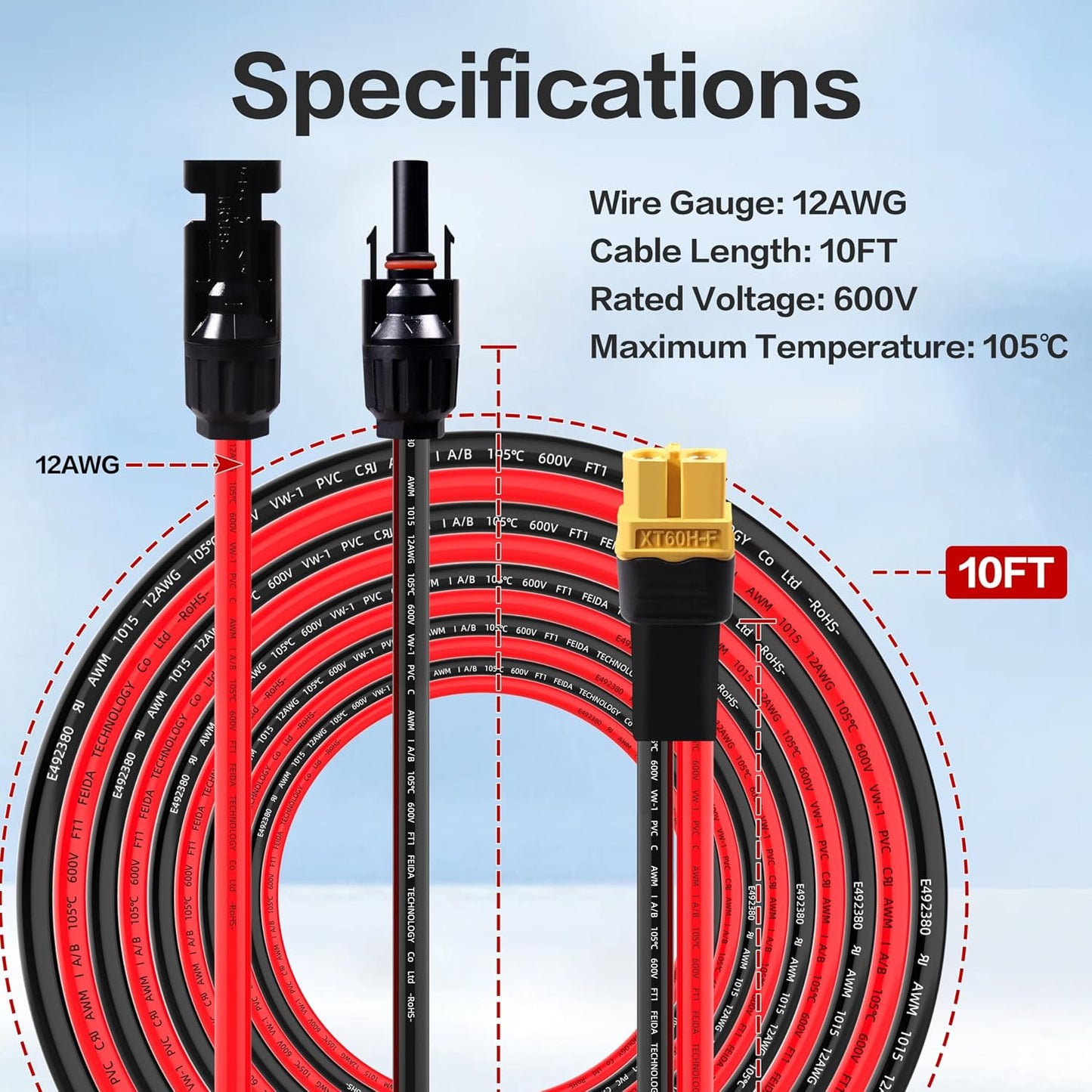 12AWG 10FT Solar to XT60 Charge Extension Cable for Solar Panels Portable Power Stations Solar Connector to XT60H Cables
