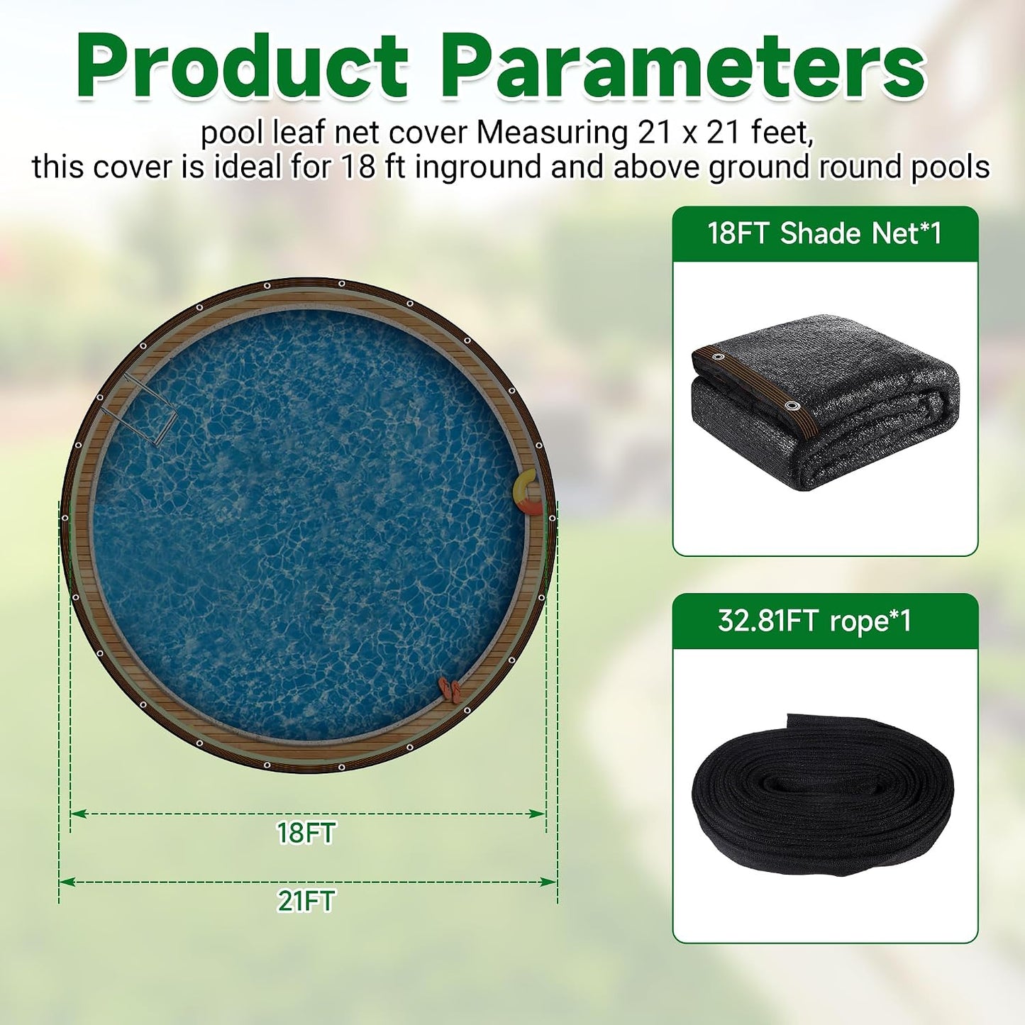 Pool Leaf Net Cover18 ft Round, Fine Mesh Leaf Net for Above Ground Pool, Winter Pool Cover18ft Round Above Ground, Cover Size: 18-Feet Dia (Includes 3-feet Overlap) (Black -Round, 18FT)