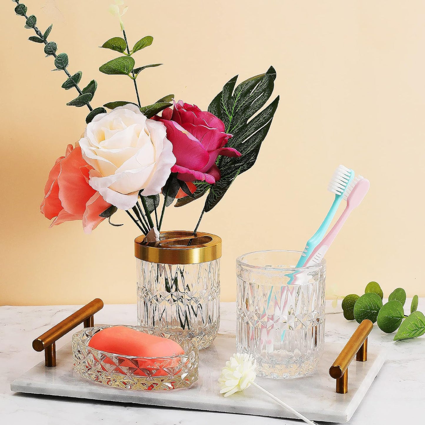 5Pcs Glass Bathroom Accessories Complete Set, Lotion Dispenser, Soap Dish, Toothbrush Holder, Tumbler, Cotton Swab Jars, Modern Bathroom Decor and Gift Set (White)