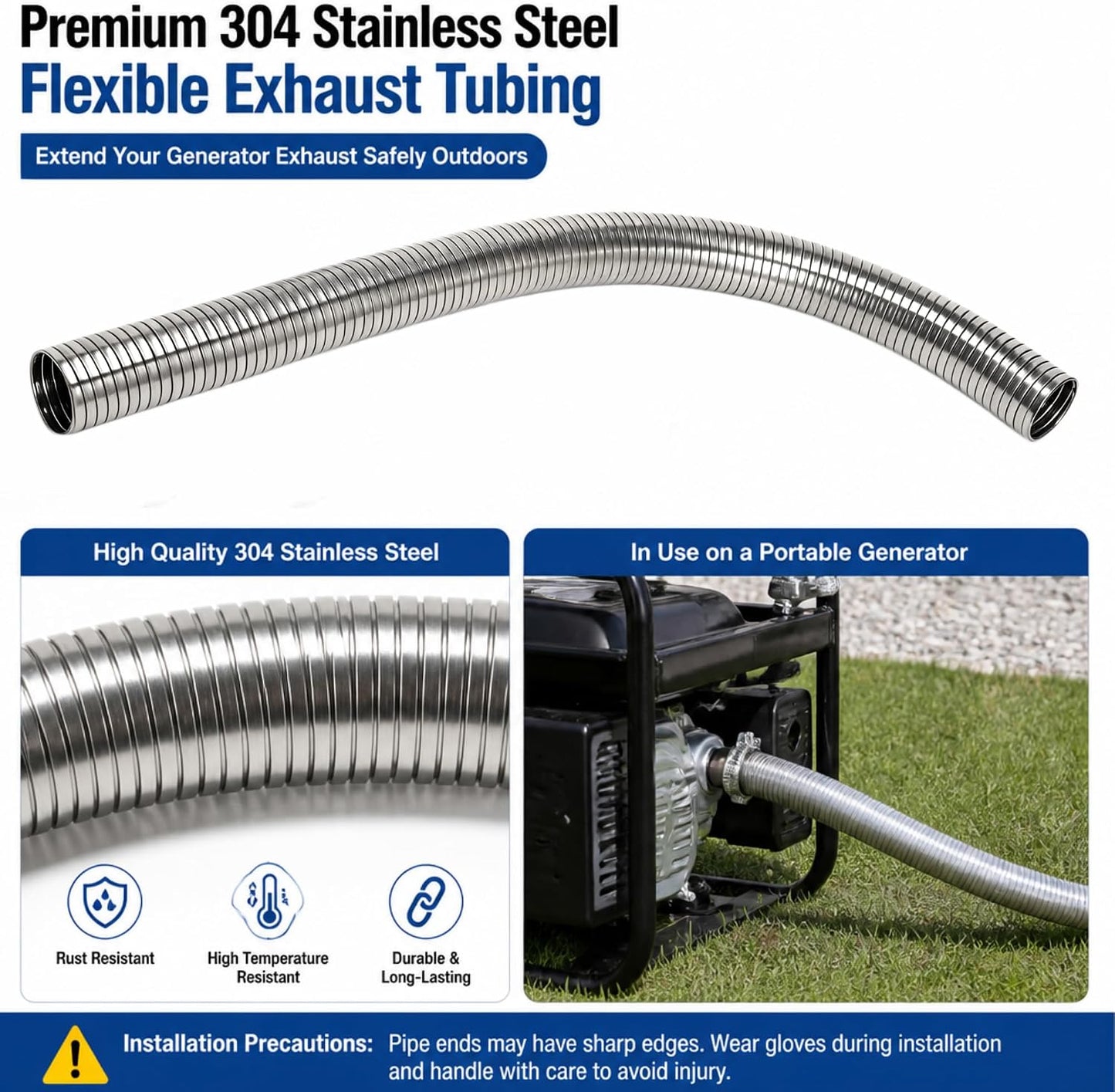Exhaust Flex Pipe 1.5" ID x 22.5" L, 304 Stainless Steel – Flexible Exhaust Tubing