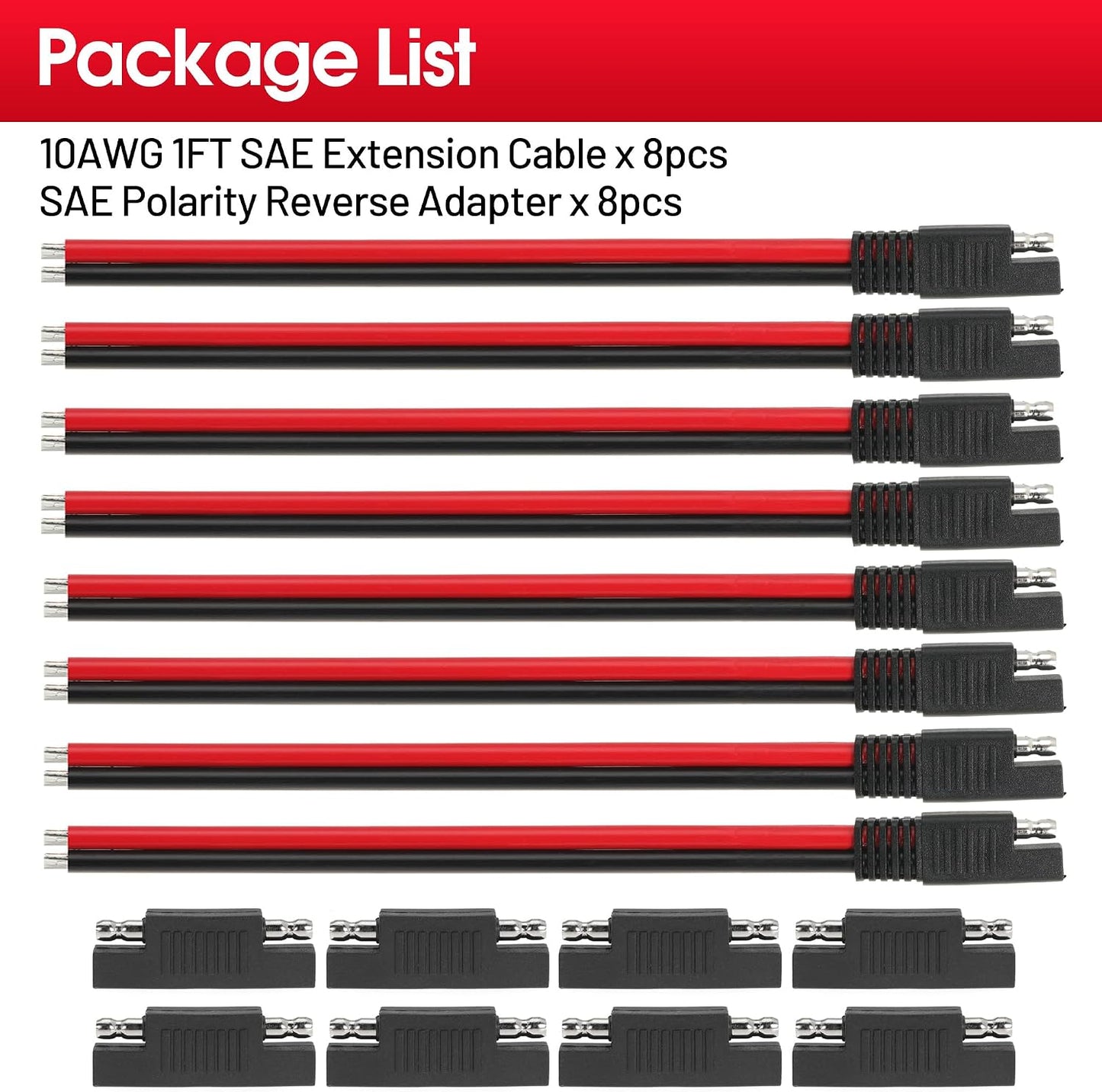1FT 10AWG SAE Extension Cable, 10 Gauge SAE Connector Cable 10 AWG 2 Pin SAE Quick Disconnect for Solar RV Automotive, 8PCS