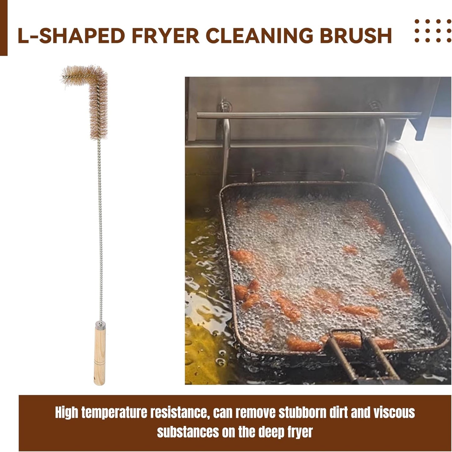 3 Pcs Fryer Cleaning Tools, L Shaped Brass Bristles Fryer Deep Cleaning Brush, Deep Fryer Crumb Scoop, Fryer Deep Cleanout Rod for Restaurant Air Fryer