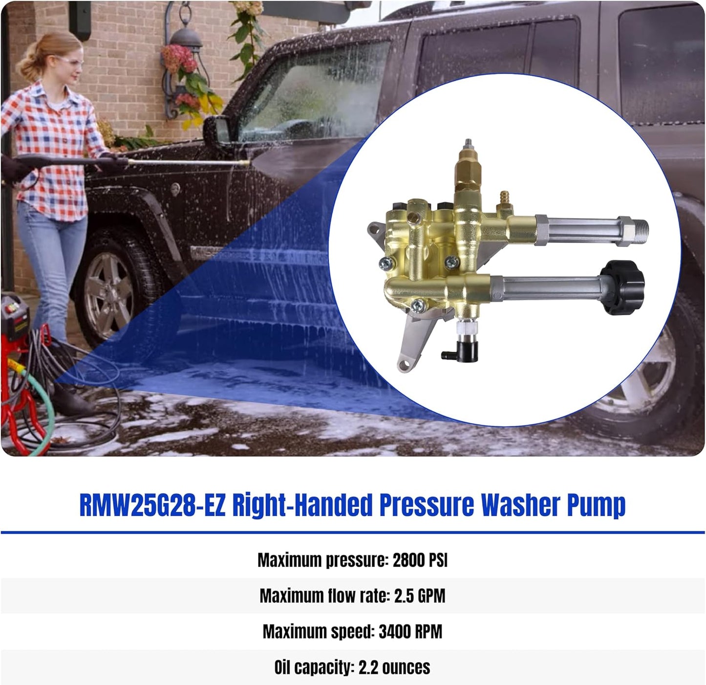 Pressure Washer Pump Replace RMW25G28-EZ 7/8” Vertical Shaft Pumps Right-Handed Power Washer Pump for Troy-Bilt for Craftsman with Easy Start Valve Thermal Relief Valve 2.5 GPM 2800 PSI 193 Max Bar