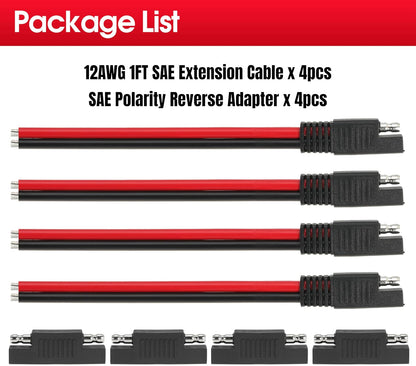 1FT 12AWG SAE Extension Cable, 12 Gauge SAE Connector Cable 12 AWG 2 Pin SAE Quick Disconnect for Solar RV Automotive, 4PCS