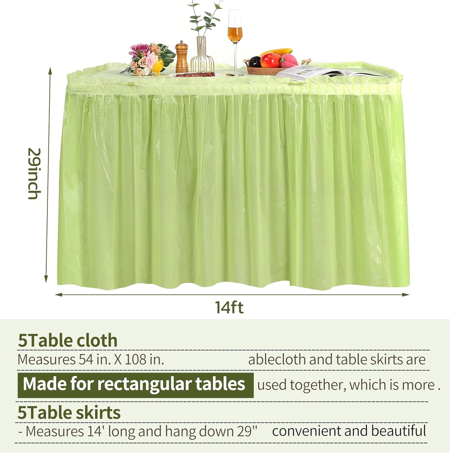 5 Pack Plastic Table Skirts and Cloths for Rectangle Tables, 14 Ft Blue Tableskirts and 54" x 108" Tablecloths, Disposable Tablecloth Skirt Covers for Party (Fruit Green)