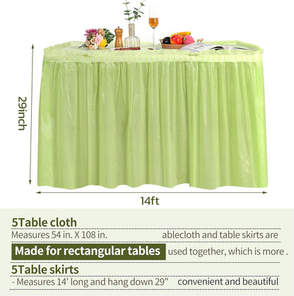 5 Pack Plastic Table Skirts and Cloths for Rectangle Tables, 14 Ft Blue Tableskirts and 54" x 108" Tablecloths, Disposable Tablecloth Skirt Covers for Party (Fruit Green)