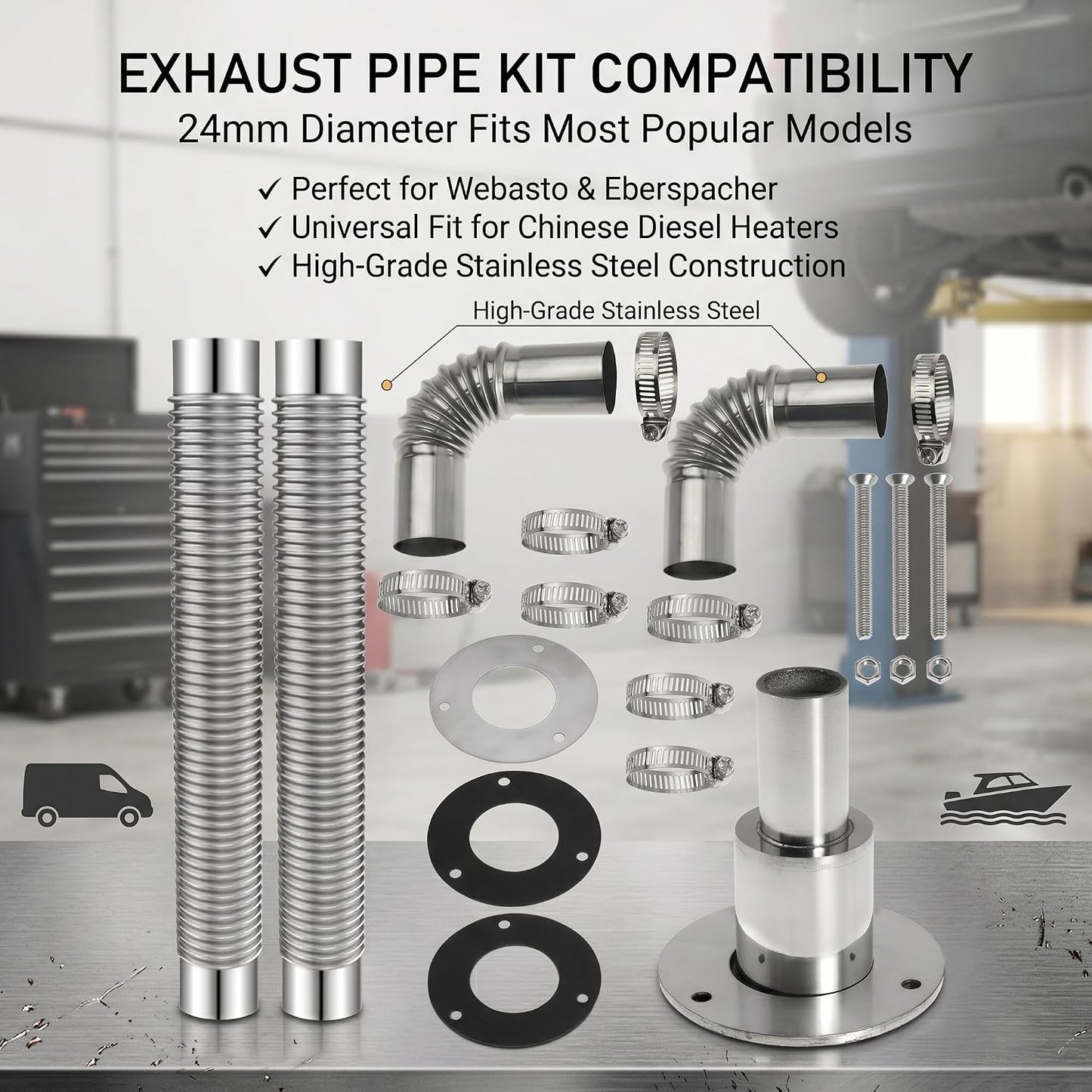 7.87 Inch Straight Corrugated Exhaust Pipe 24mm ID for Generator with Thru Hull Fitting and Elbow Connector