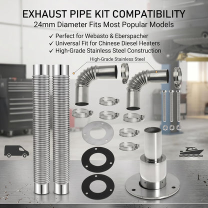 7.87 Inch Straight Corrugated Exhaust Pipe 24mm ID for Generator with Thru Hull Fitting and Elbow Connector