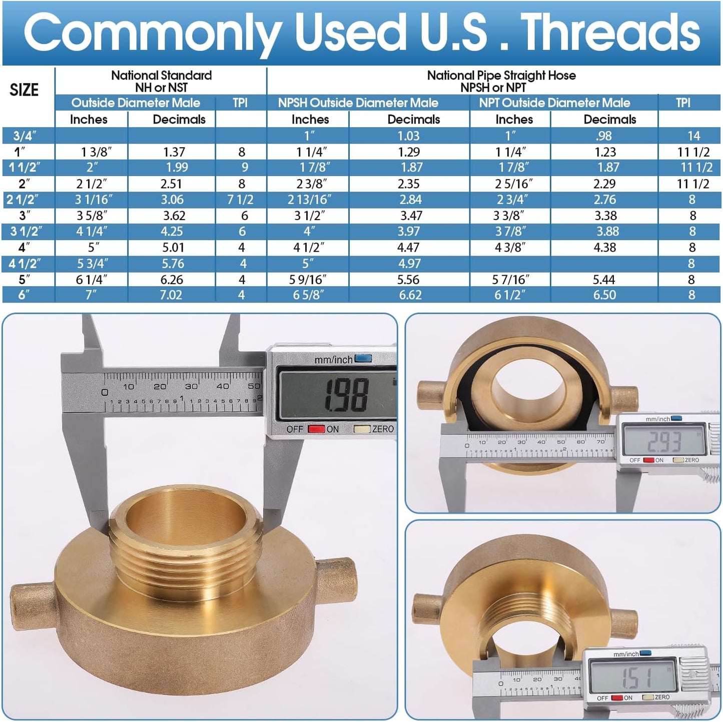 2-1/2" NST (NH) Female x 1-1/2" NST (NH) Male Fire Hydrant Hose Adapter Brass Fire Equipment with Pin Lug for Fire Hydrants, Pipes, Hoses