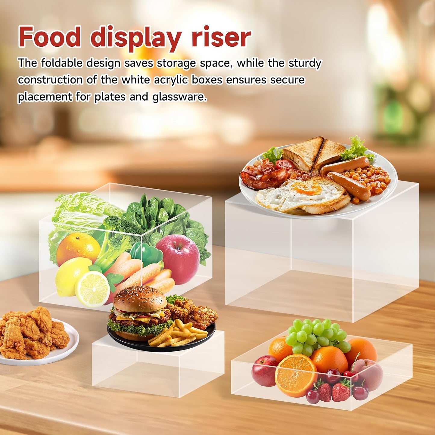 frtzal 4PCS Food Risers for Buffet Table Display Stand for Catering Dessert Matte black Cube Boxes Nesting Risers with Hollow Bottoms (Transparent, L-8,19,10,12)
