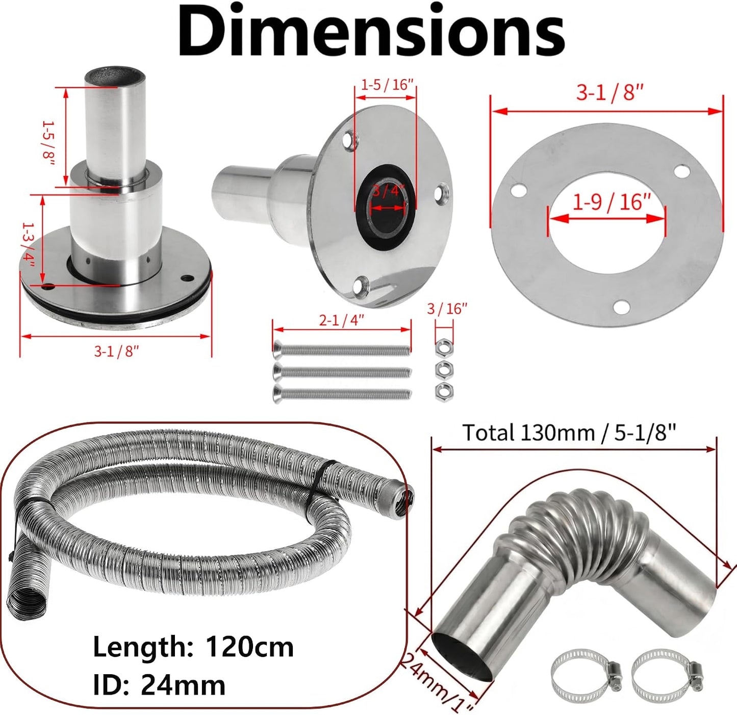 120cm 24mm Exhaust Pipe for Diesel Heater, 1 Inch ID Generator Exhaust Extension with Thru Hull Exhaust Skin and Tube Elbow Connector