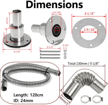 120cm 24mm Exhaust Pipe for Diesel Heater, 1 Inch ID Generator Exhaust Extension with Thru Hull Exhaust Skin and Tube Elbow Connector