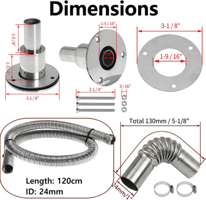120cm 24mm Exhaust Pipe for Diesel Heater, 1 Inch ID Generator Exhaust Extension with Thru Hull Exhaust Skin and Tube Elbow Connector