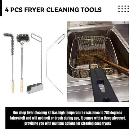 4 Pcs Fryer Cleaning Tools, L Shaped Stainless Steel Bristles Fryer Deep Cleaning Brush, Deep Fryer Crumb Scoop, Fryer Deep Cleanout Rod, Long Handle Fryer Basket Brush for Restaurant Air Fryer