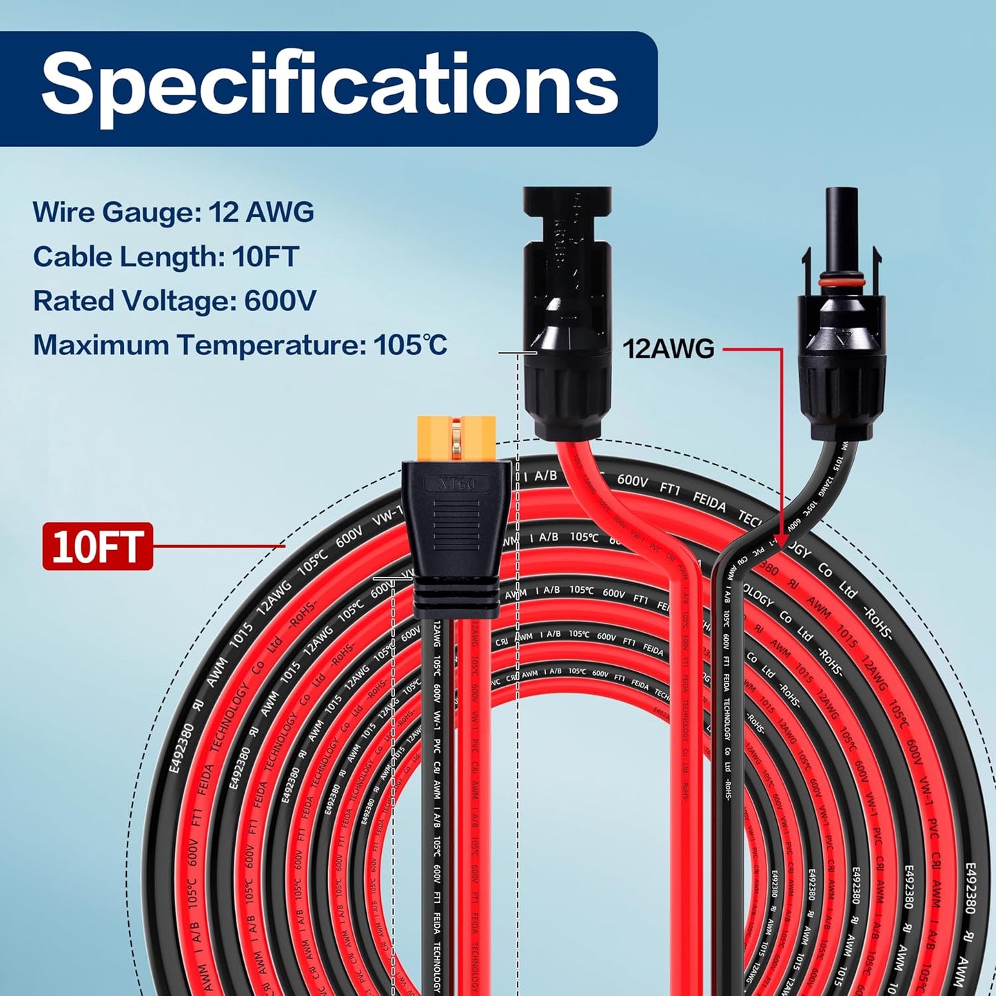 12AWG 10FT Solar to XT60i Charge Extension Cable for Solar Panels Portable Power Stations