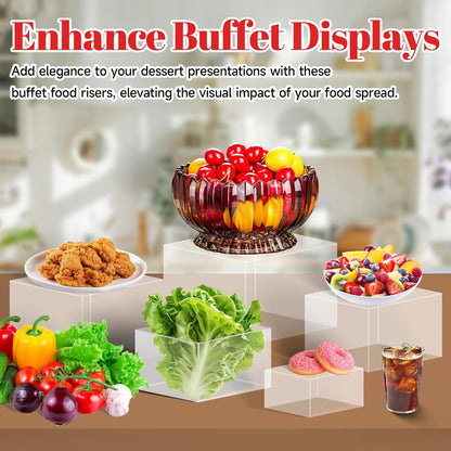 8 Buffet Risers Acrylic Cube Display Stands Box Risers with Hollow Bottoms Dessert Table Display Set Food Nesting Risers for Buffet Table, Cupcake Candy Food, Parties, Brunch, Weddings (Transparent, 6pcs-5''6''7''8''9''10'')
