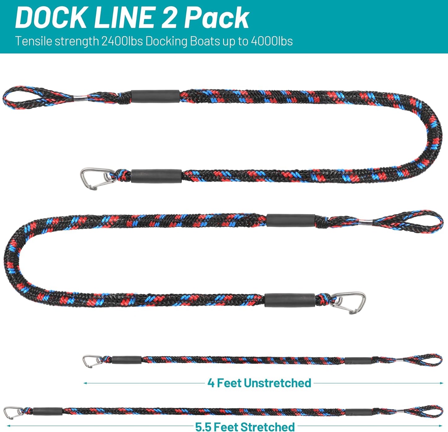 Boat Bungee Dock Lines Marine Mooring Rope with Stainless Steel Clip Bungee Cord Docking Lines for Boat Bungee Docking Ropes for Kayak,Pontoon,Canoe (Red Black Blue-2)
