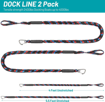 Boat Bungee Dock Lines Marine Mooring Rope with Stainless Steel Clip Bungee Cord Docking Lines for Boat Bungee Docking Ropes for Kayak,Pontoon,Canoe (Red Black Blue-2)