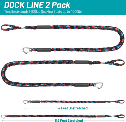Boat Bungee Dock Lines Marine Mooring Rope with Stainless Steel Clip Bungee Cord Docking Lines for Boat Bungee Docking Ropes for Kayak,Pontoon,Canoe (Red Black Blue-2)