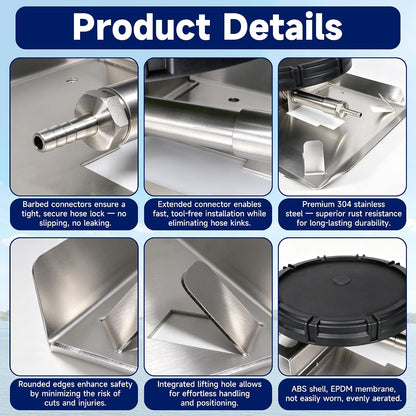 Pond & Lake Aeration Accessories with 5/8" 1/2" 3/8" Connectors Membrane Diffuser Stainless Steel Base Chassis for Pond Aeration System, 10 inch, Silvery