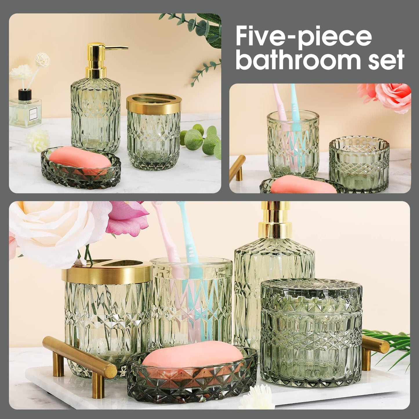 Bathroom Accessories Set,5Pcs Glass Bathroom Accessories Set, Lotion Dispenser, Soap Dish, Toothbrush Holder, Tumbler, Modern Bathroom Decor, Gift for Home Apartment (Green)
