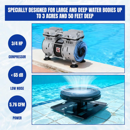 Pond Aerator Pump Lake Aerartion System 5.76 CFM for Up to 3 Acre with 2 Diffusers 3/4 HP Compressor 100' Weighted Tubing for Outdoor Ponds Deep Water Oxygen Circulation