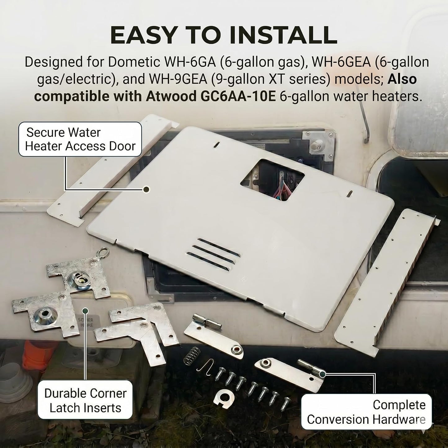 Water Heater Door Conversion Kit for Dometic Fits WH-6GEA WH-6GA WH-9GEA Compatible with Atwood GC6AA-10E 6 Gallon Older Openings