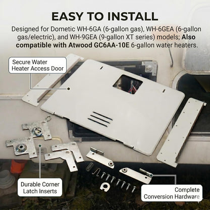Water Heater Door Conversion Kit for Dometic Fits WH-6GEA WH-6GA WH-9GEA Compatible with Atwood GC6AA-10E 6 Gallon Older Openings
