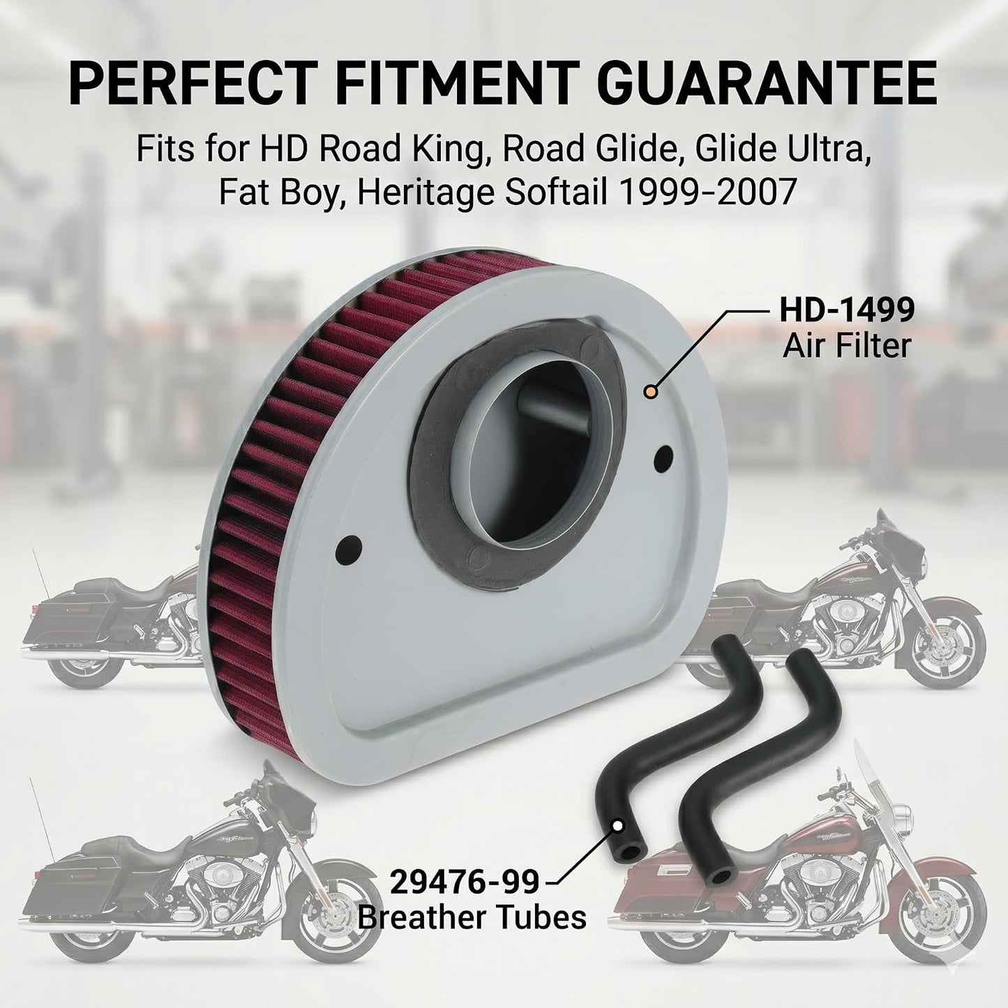 29461-99 HD-1499 Air Filter and 29476-99 Breather Tube Kit Fits for Harley Davidson 1999-2007 Motorcycles