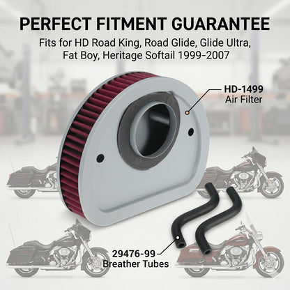 29461-99 HD-1499 Air Filter and 29476-99 Breather Tube Kit Fits for Harley Davidson 1999-2007 Motorcycles