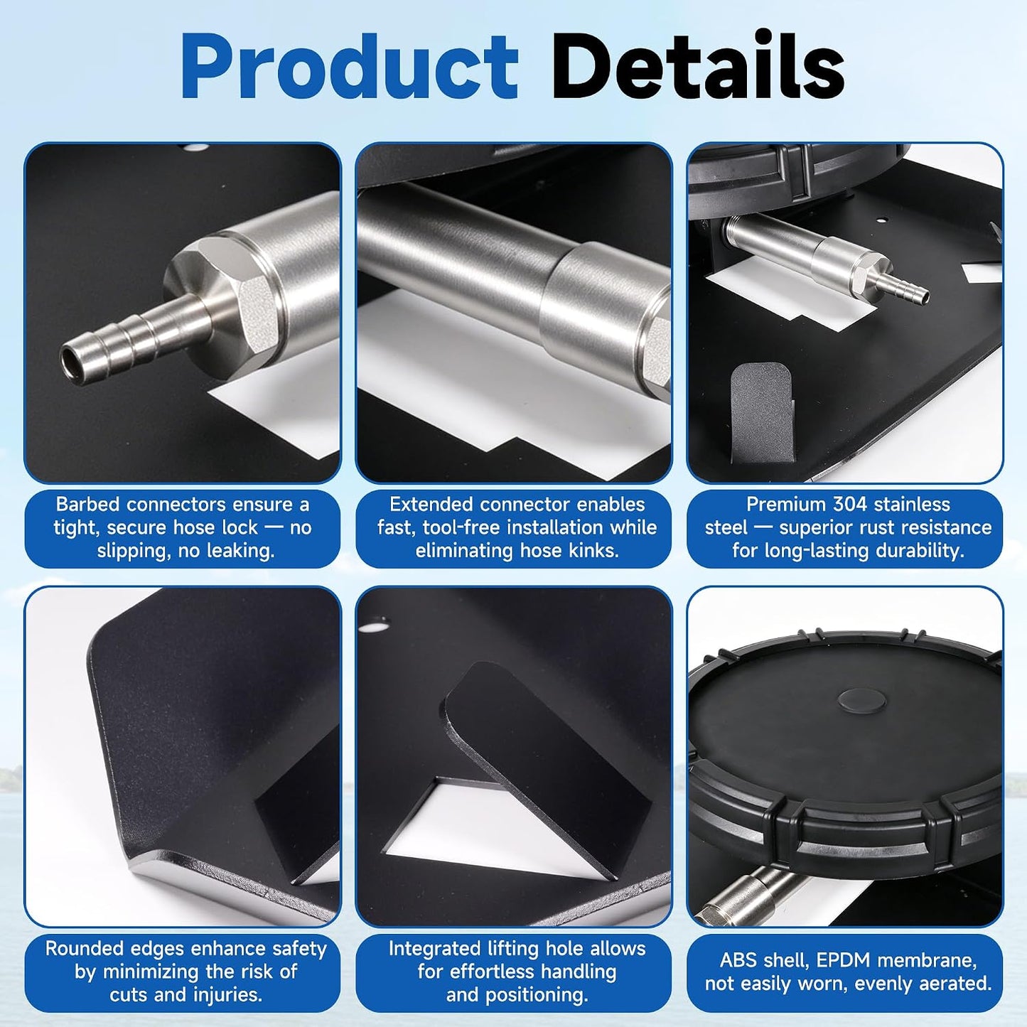 Pond & Lake Aeration Accessories with 5/8" 1/2" 3/8" Connectors Membrane Diffuser Stainless Steel Base Chassis for Pond Aeration System, 10 inch, Black