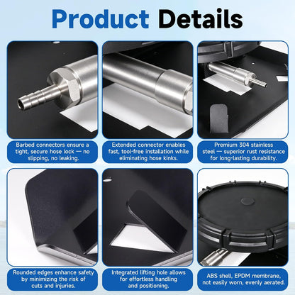 Pond & Lake Aeration Accessories with 5/8" 1/2" 3/8" Connectors Membrane Diffuser Stainless Steel Base Chassis for Pond Aeration System, 10 inch, Black