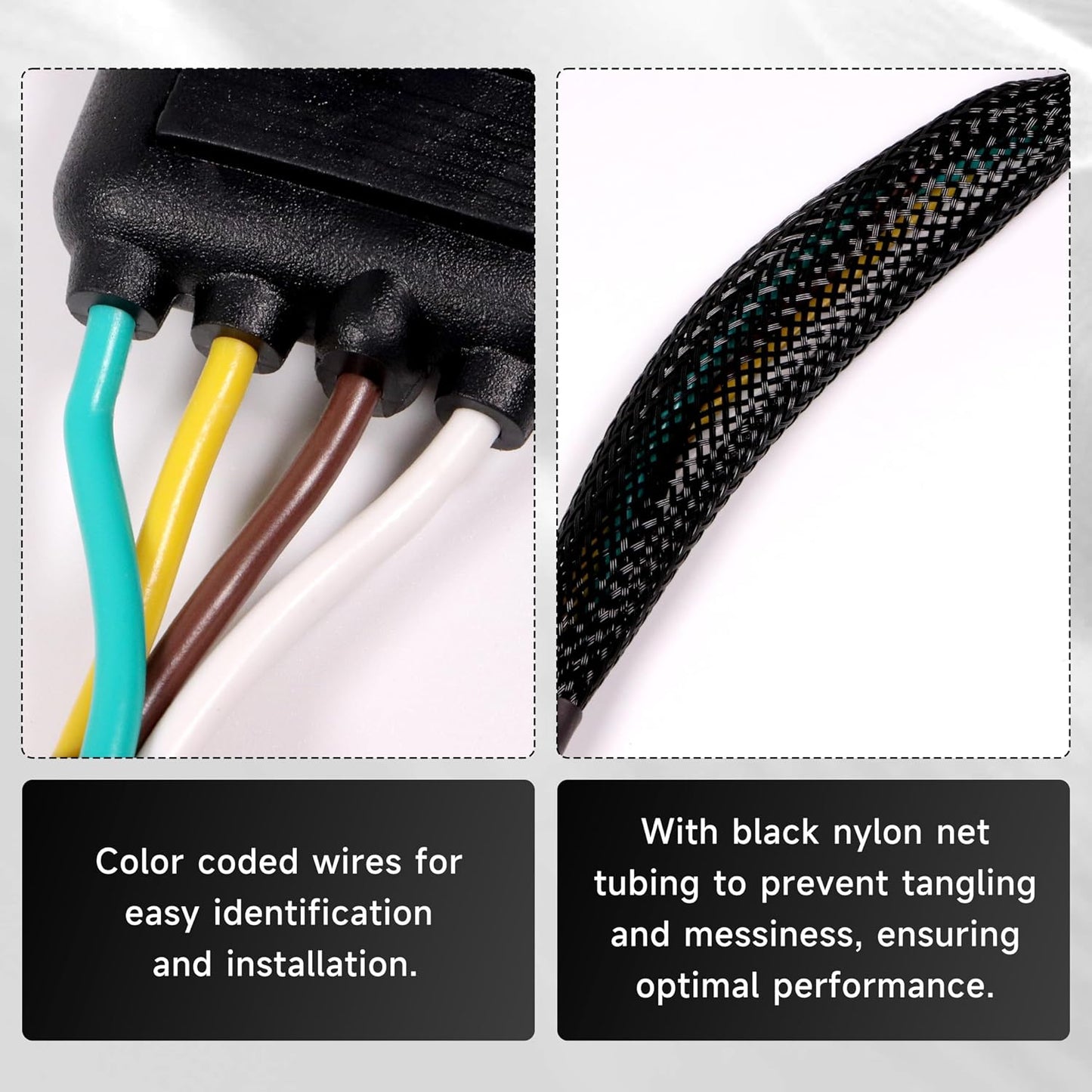 16 AWG 1FT 4-Pin Flat Trailer Wiring Harness with 4 Way to 4 Way Male and Female Connector 16 Gauge 4 to 4 Trailer Extension Wire with Dust Cover for Trailer and Vehicle, Black, 4-16G-1FT